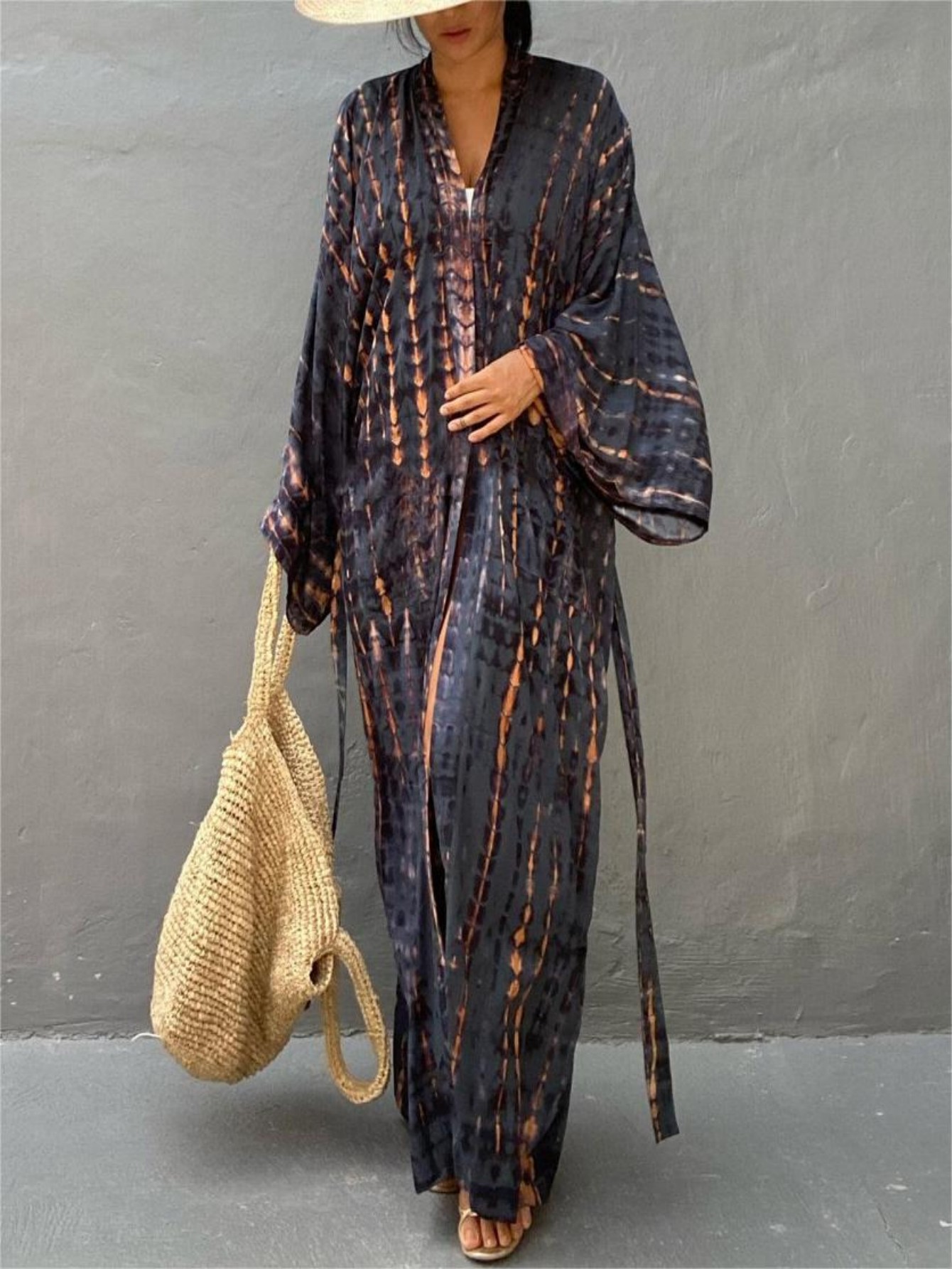 Cover Up Kaftan - ชุดคาฟตันสำหรับผู้หญิงไซส์ใหญ่ ชุดคลุมอาบน้ำ คอวี แขนทรงปีกค้างคาว ทรงหลวม สไตล์โมร็อกโก