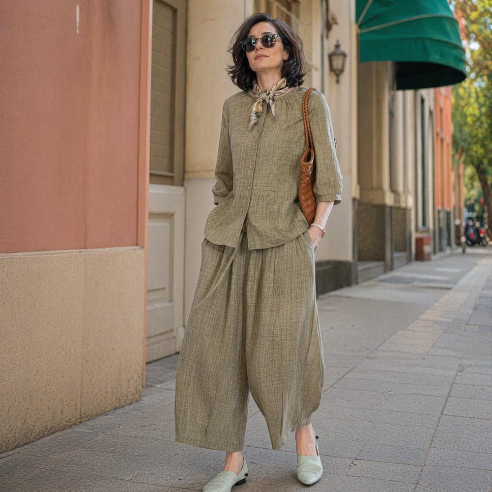 Linen Pant Wide - ชุดลำลองไซส์ใหญ่สำหรับผู้หญิง ปี 2026 ชุดผ้าฝ้ายลินิน 2 ชิ้น