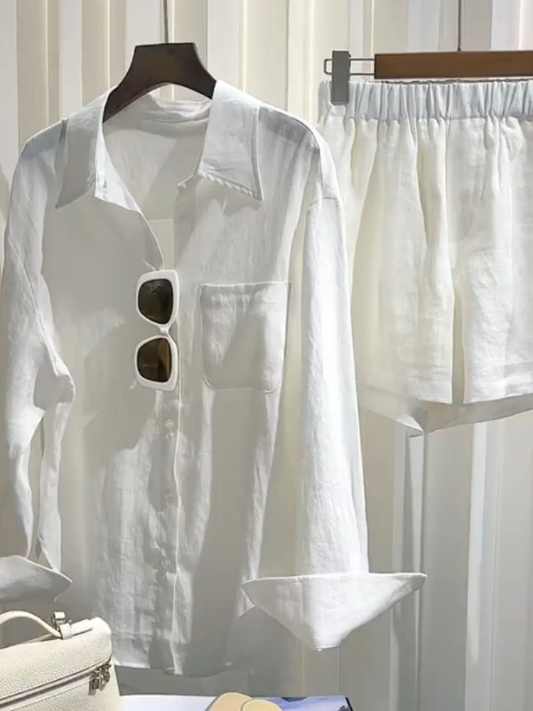 Linen Pant Wide - ชุดเสื้อเชิ้ตผ้าลินินสำหรับผู้หญิงฤดูร้อน กางเกงขาสั้นทรงหลวม ชุดสองชิ้น เรียบง่าย สง่างาม สบายๆ