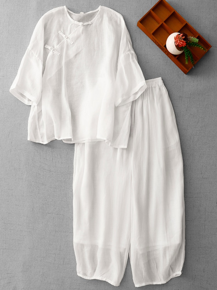 Linen Pant Wide - ชุดสูทผ้าฝ้ายผ้าลินินสไตล์เซนจีนใหม่สำหรับผู้หญิง ชุดแฟชั่นฤดูร้อน กางเกงขายาวสองชั้นสีขาว คอปก แขนสั้น