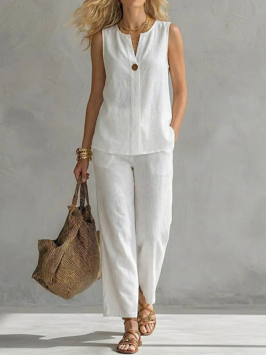 Linen Pant Wide - ชุดเซ็ต 2 ชิ้นผ้าลินินแขนกุดกระดุมเดียว คอวี มีกระเป๋า กางเกงขายาวทรงตรงสำหรับผู้หญิง