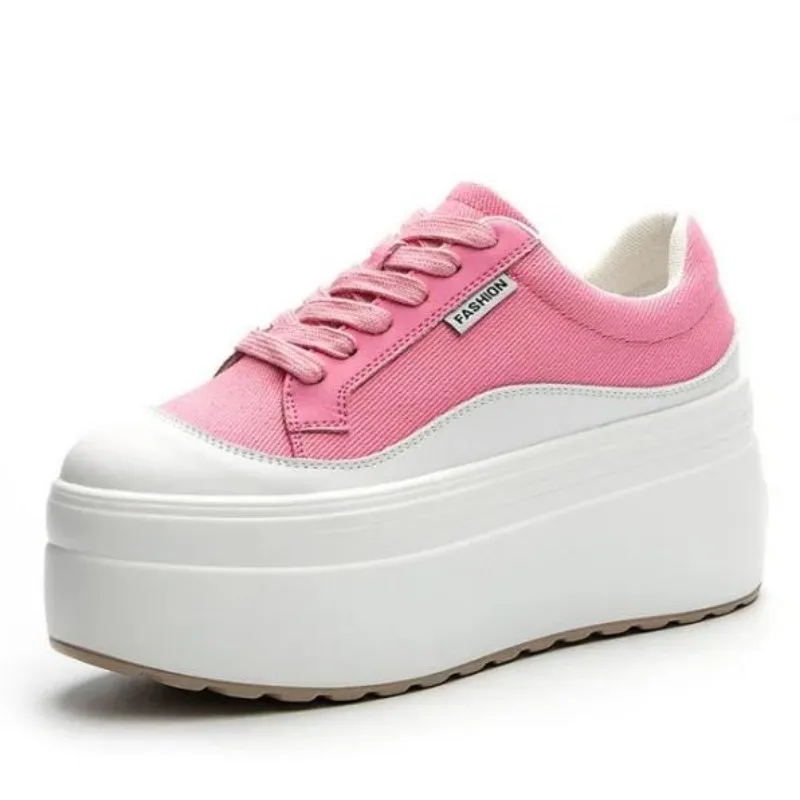 Wedge Espadrille Women - 8 ซม.ใหม่ผ้าใบของแท้หนังผู้หญิงสีชมพูแฟชั่นรองเท้าผ้าใบแพลตฟอร์มรองเท้า WEDGE ส้นสุภาพสตรีฤดูร้อนผสมสี Vulcanize
