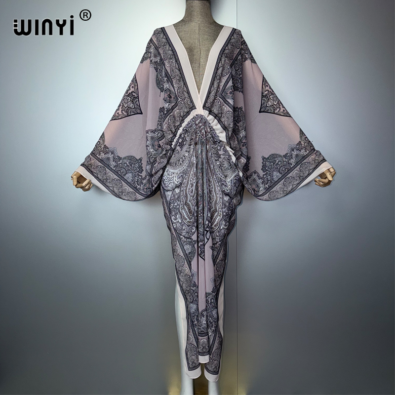 Cover Up Kaftan - ชุดเดรสคอวี WINYI ลายพิมพ์แบบดั้งเดิมสไตล์อาหรับ ชุดคลุมชายหาดสำหรับวันหยุด ชุดปาร์ตี้คาฟตัน สไตล์ดูไบสุดหรูสำหรับผู้หญิง
