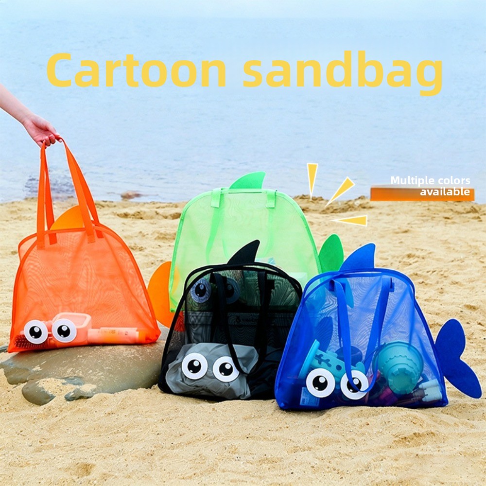 Tote Bag Beach - กระเป๋าชายหาดตาข่ายสำหรับเด็ก ลายการ์ตูนสีสันสดใส รูปฉลาม ป้องกันทราย แห้งเร็ว ใส่ของเล่นและอุปกรณ์ต่างๆ