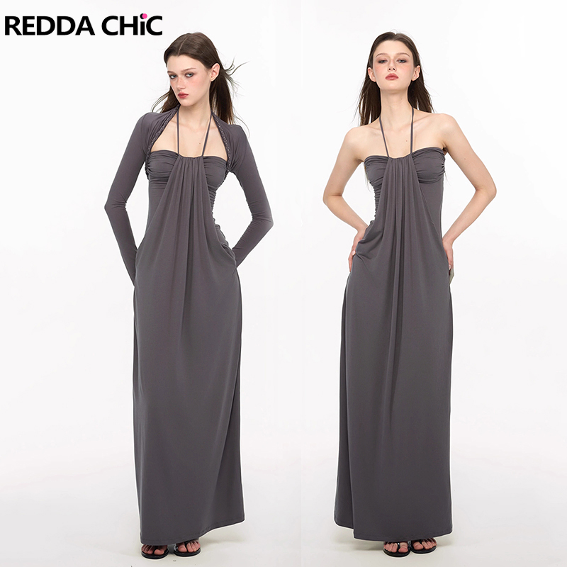 Maxi Dress Halter - ชุดเดรสยาวทรงครอปแบบถักเปียสุดหรู REDDACHiC พร้อมเสื้อคลุมคาร์ดิแกนผ้าโมดอลแบบลำลอง ชุดเดรสทรงคอร์เซ็ทผูกเชือกแบบผูกคอ สำหรับผู้หญิง สวมใส่ได้ทุกวัน