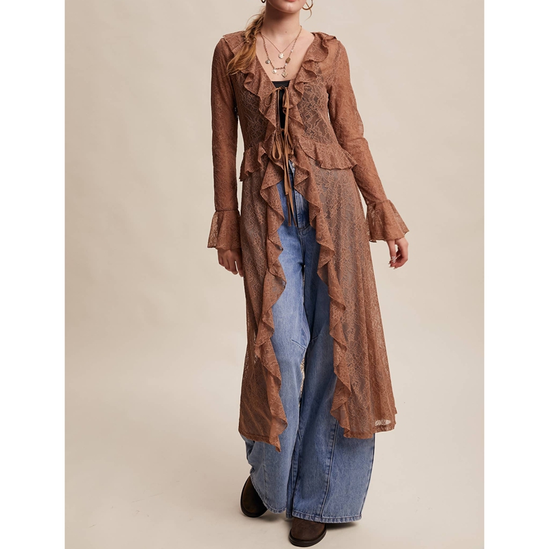 Kimono Sheer Floral - เสื้อคลุมยาวผ้าลูกไม้ลายดอกไม้สำหรับผู้หญิง แต่งระบาย แขนยาว ผ้าบางเบา ซีทรู สไตล์กิโมโน