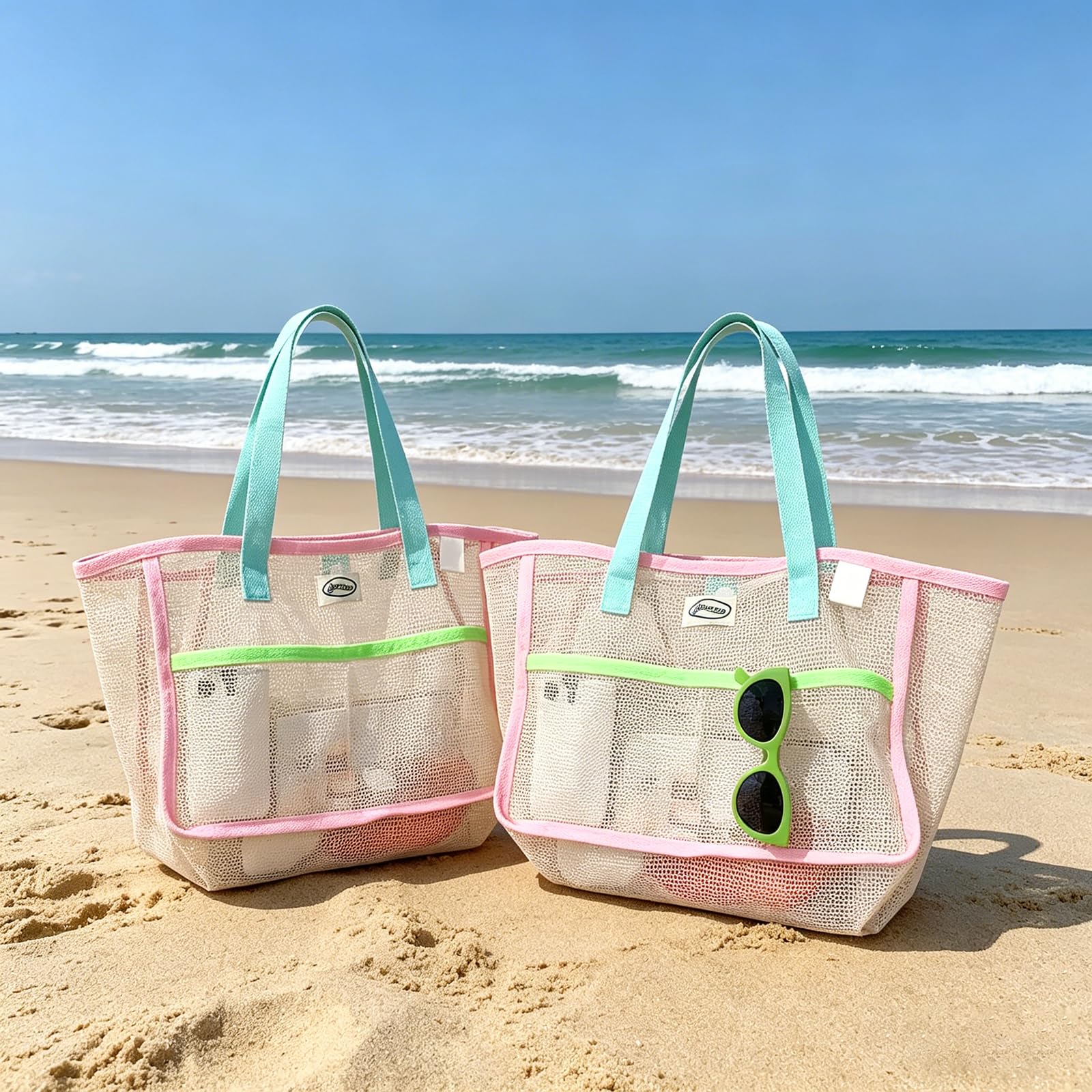 Tote Bag Beach - กระเป๋าชายหาดสำหรับผู้หญิง กระเป๋าตาข่ายพับได้หลากสี กระเป๋าใส่ทราย กระเป๋าเดินทาง กระเป๋าเก็บของสำหรับสระว่ายน้ำ สำหรับอุปกรณ์ชายหาด