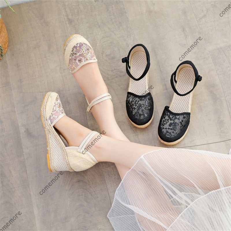 Wedge Espadrille Women - รองเท้าส้นเตารีดแบบสานตาข่ายสำหรับผู้หญิง สายรัดข้อเท้า ปิดนิ้วเท้า รองเท้าพื้นหนา ระบายอากาศได้ดี รองเท้าแตะสำหรับฤดูร้อน
