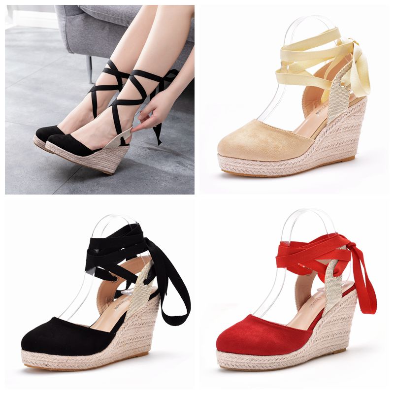 Wedge Espadrille Women - รองเท้าส้นเตารีดแบบสวมสำหรับผู้หญิง ปิดนิ้วเท้า มีสายรัดข้อเท้า แบบผูกเชือก รองเท้าสำหรับฤดูร้อน