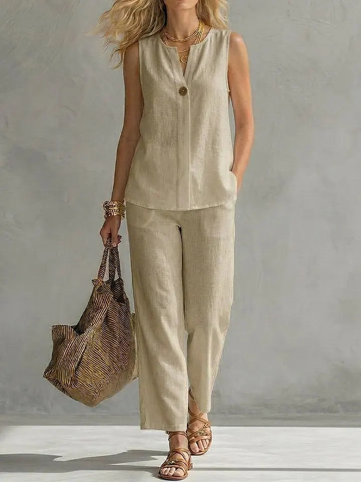 ชุดเซ็ต 2 ชิ้นผ้าลินินแขนกุดกร - Linen Pant Wide บทวิจารณ์และราคา
