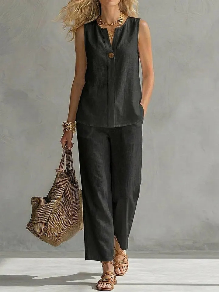 ชุดเซ็ต 2 ชิ้นผ้าลินินแขนกุดกร - Linen Pant Wide บทวิจารณ์และราคา